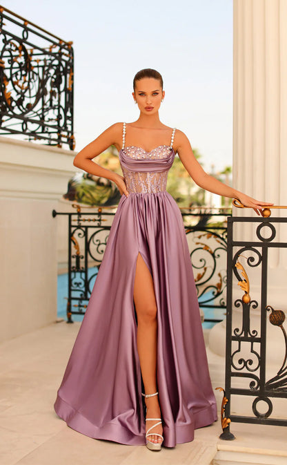 RP1582-Elegant A-Line Spaghetti Crystals Appliqued Sleeveless Satin Prom Evening Dresses Formal Party Gowns With Slit