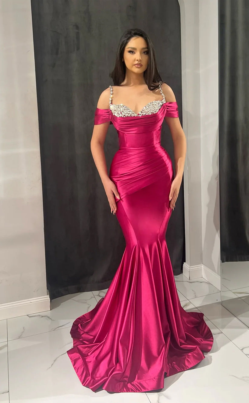 RP1584-Elegant Mermaid Spaghetti Crystals Ruched Sleeveless Satin Prom Evening Dresses Formal Party Gowns With Train