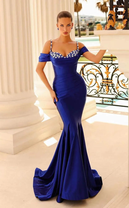 RP1584-Elegant Mermaid Spaghetti Crystals Ruched Sleeveless Satin Prom Evening Dresses Formal Party Gowns With Train