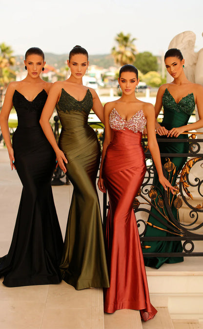 RP1585-Elegant Mermaid Sweetheart Appliqued Ruched Sleeveless Satin Prom Evening Dresses Formal Party Gowns With Train