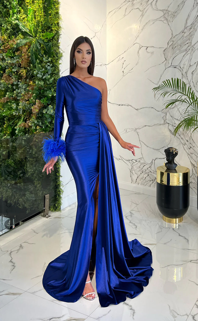 RP1588-Gorgeous Royal Blue Mermaid One Shoulder Feather One Long Sleeve Satin Prom Evening Dresses Formal Party Gowns With Slit