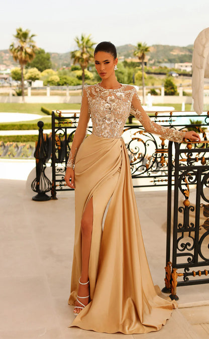 RP1589-Gorgeous Mermaid Scoop Appliqued Beaded Long Sleeves Satin Prom Evening Dresses Formal Party Gowns With Slit