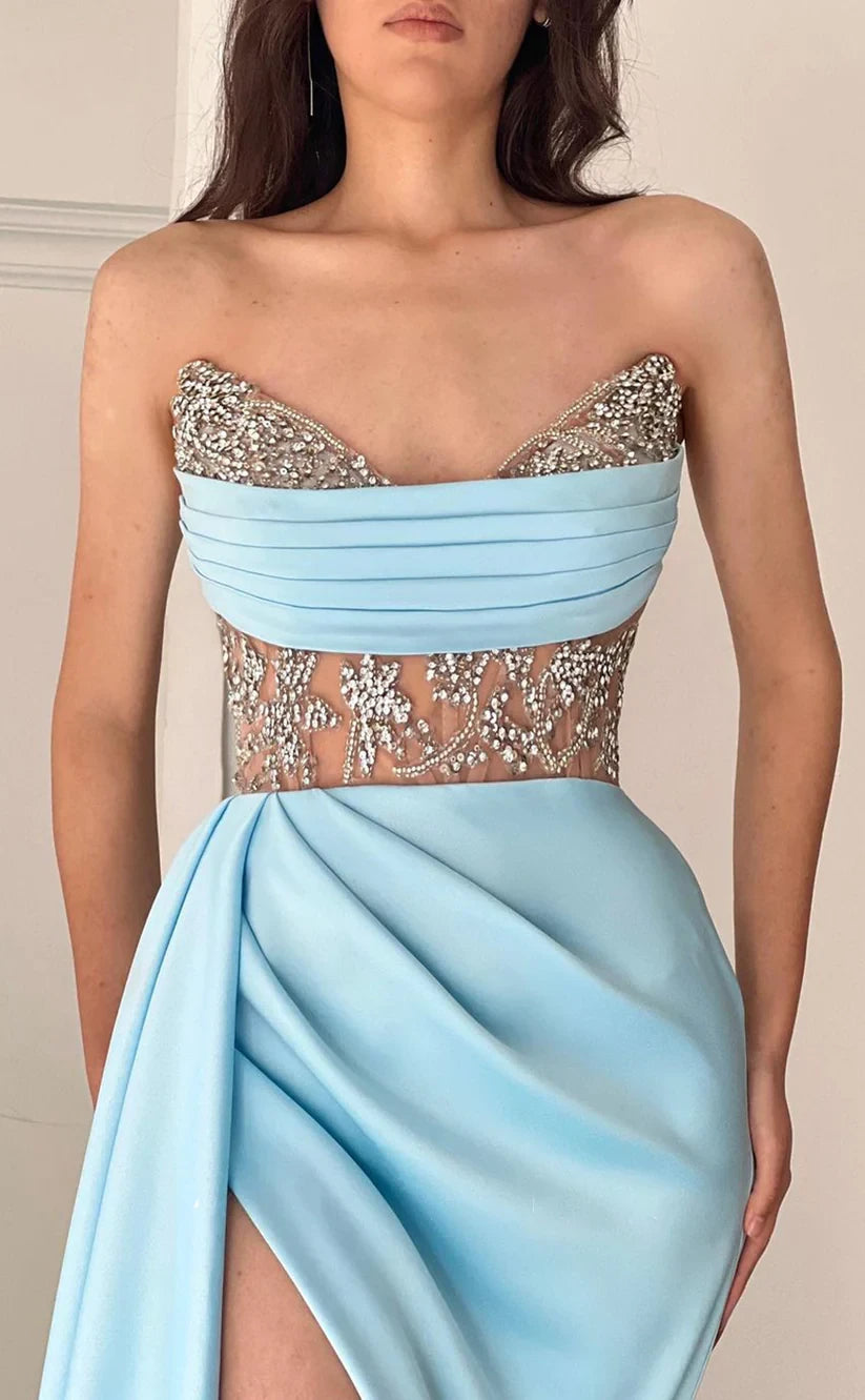 RP451-Gorgeous Sky Blue Mermaid Sweetheart Beads Crystals Sleeveless Long Prom Evening Dresses Formal Party Gowns With Side Slit