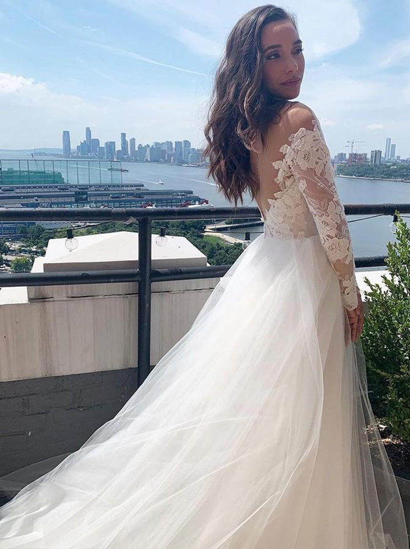 Sexy A-Line Wedding Dresses Scoop Illusion Long Sleeves Appliques Backless Sweep Train Tulle Bridal Gowns