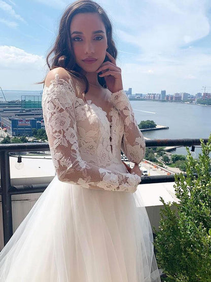 Sexy A-Line Wedding Dresses Scoop Illusion Long Sleeves Appliques Backless Sweep Train Tulle Bridal Gowns