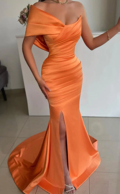 RP452-Gorgeous Orange Mermaid Strapless Ruched Sleeveless Long Prom Evening Dresses Formal Party Gowns With Side Slit