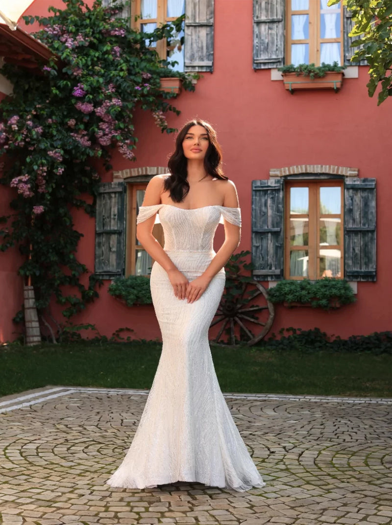 Elegant Mermaid Boho Wedding Dresses Off The Shoulder Sequins Beads Backless Floor Length Bridal Gowns Custom Made