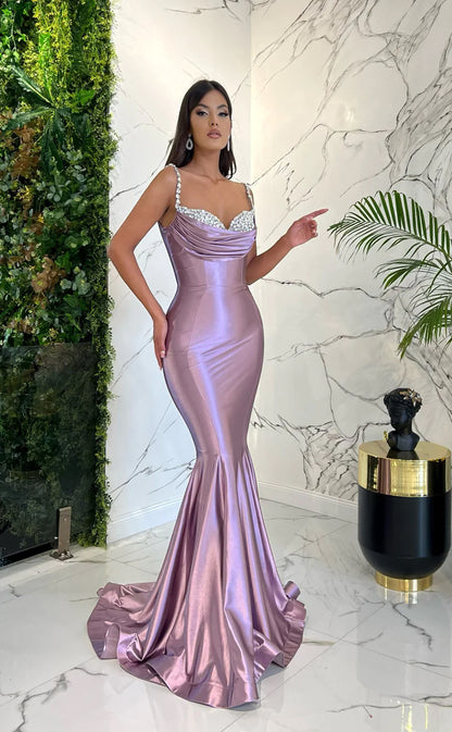 RP1602-Elegant Red Mermaid Spaghetti Crystals Ruched Sleeveless Satin Prom Evening Dresses Formal Party Gowns With Train