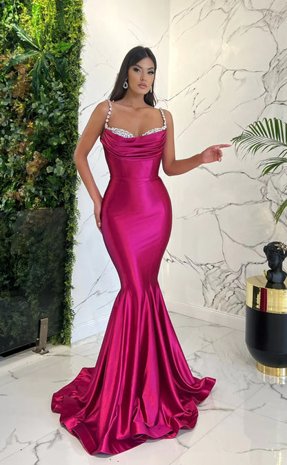 RP1602-Elegant Red Mermaid Spaghetti Crystals Ruched Sleeveless Satin Prom Evening Dresses Formal Party Gowns With Train