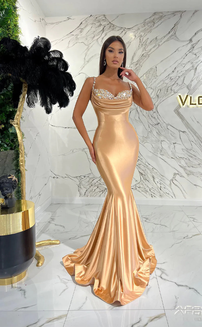 RP1602-Elegant Red Mermaid Spaghetti Crystals Ruched Sleeveless Satin Prom Evening Dresses Formal Party Gowns With Train