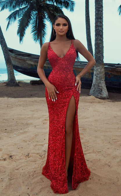 RP197-Red Trumpet Spaghetti Sequins Backless Long Prom Evening Dresses Formal Party Gowns With Slit