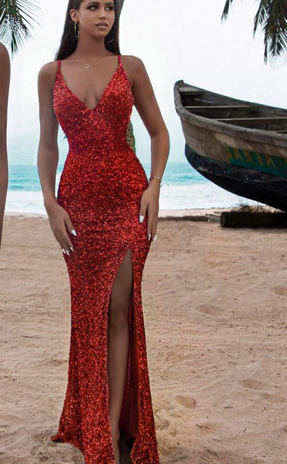 RP197-Red Trumpet Spaghetti Sequins Backless Long Prom Evening Dresses Formal Party Gowns With Slit