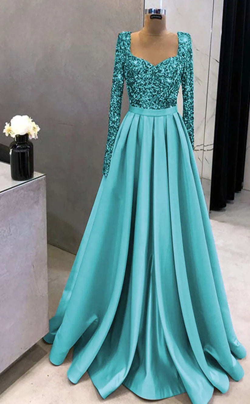RP049-Elegant A-Line Sweetheart Long Sleeves Beads Sequins Side Slit Lace up Back Long Satin Prom Dresses With Pockets Evening Party Gowns