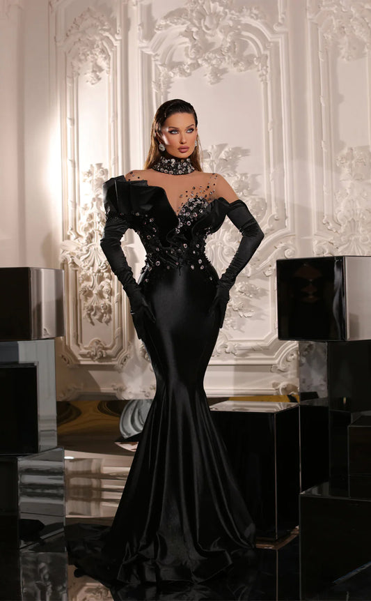 RP1612-Elegant Black Mermaid High Neck Crystals Appliqued Long Sleeves Satin Prom Evening Dresses Formal Party Gowns With Train