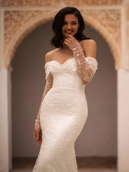 Sparkling & Classic Mermaid Wedding Dresses Sweetheart Sequins Beads Long Sleeves Tulle Sweep Train Bridal Gowns Custom