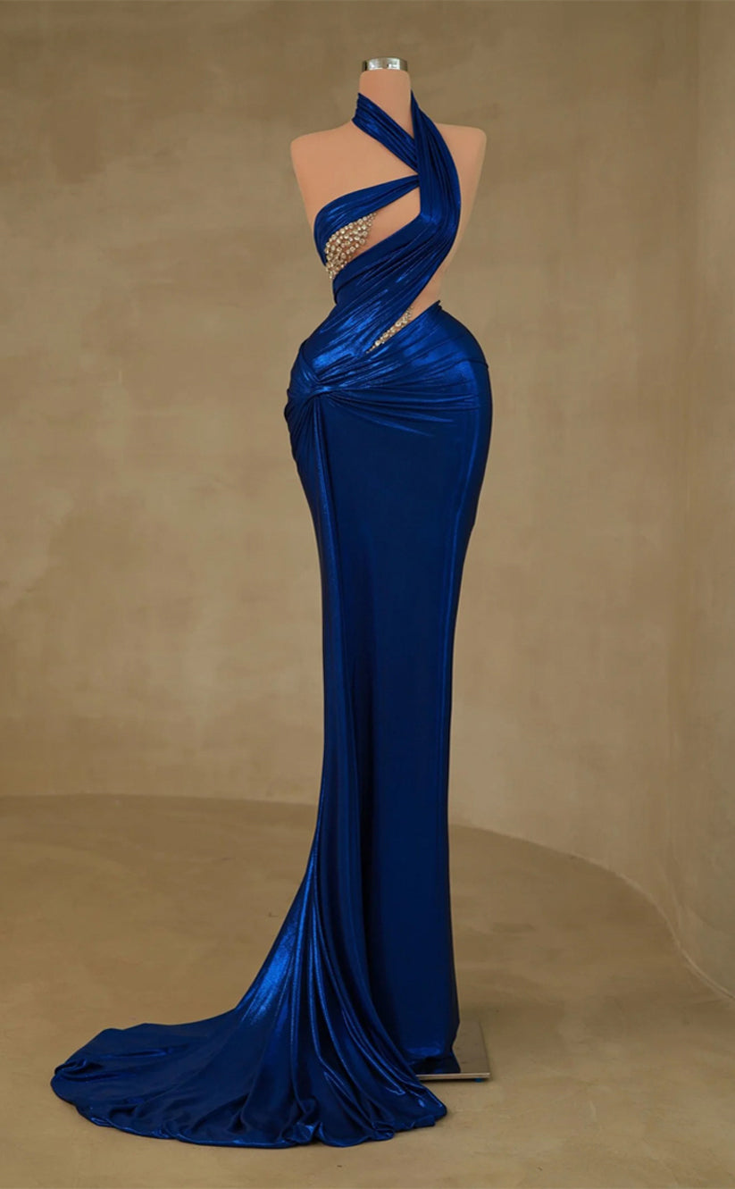 RP241-Modern Trumpet One Shoulder Beads Pleated Sleeveless Prom Evening Dresses Formal Party Gowns