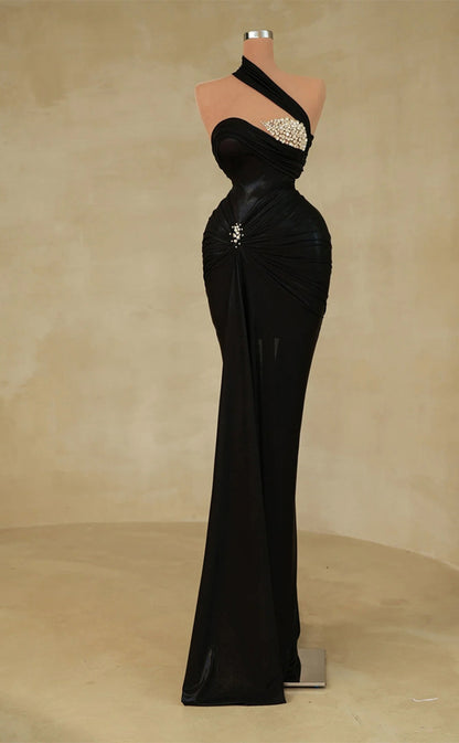 RP240-Modern Trumpet One Shoulder Beads Pleated Sleeveless Prom Evening Dresses Formal Party Gowns