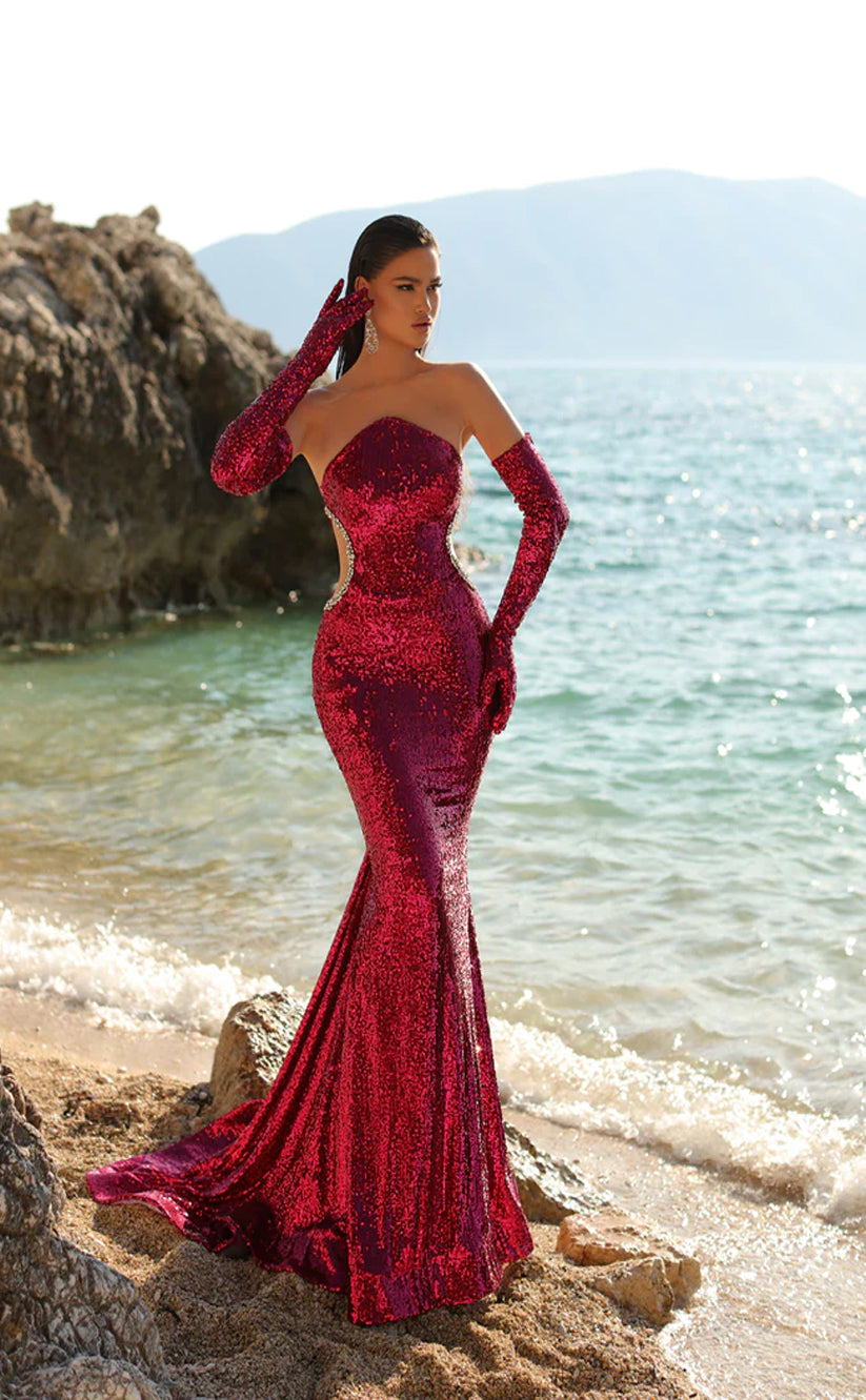 RP1632-Hot Fuchsia Mermaid Strapless Crystals Sleeveless Prom Evening Dresses Formal Party Gowns With Cut-out