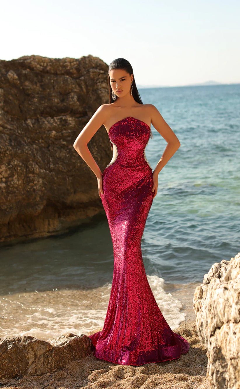 RP1632-Hot Fuchsia Mermaid Strapless Crystals Sleeveless Prom Evening Dresses Formal Party Gowns With Cut-out