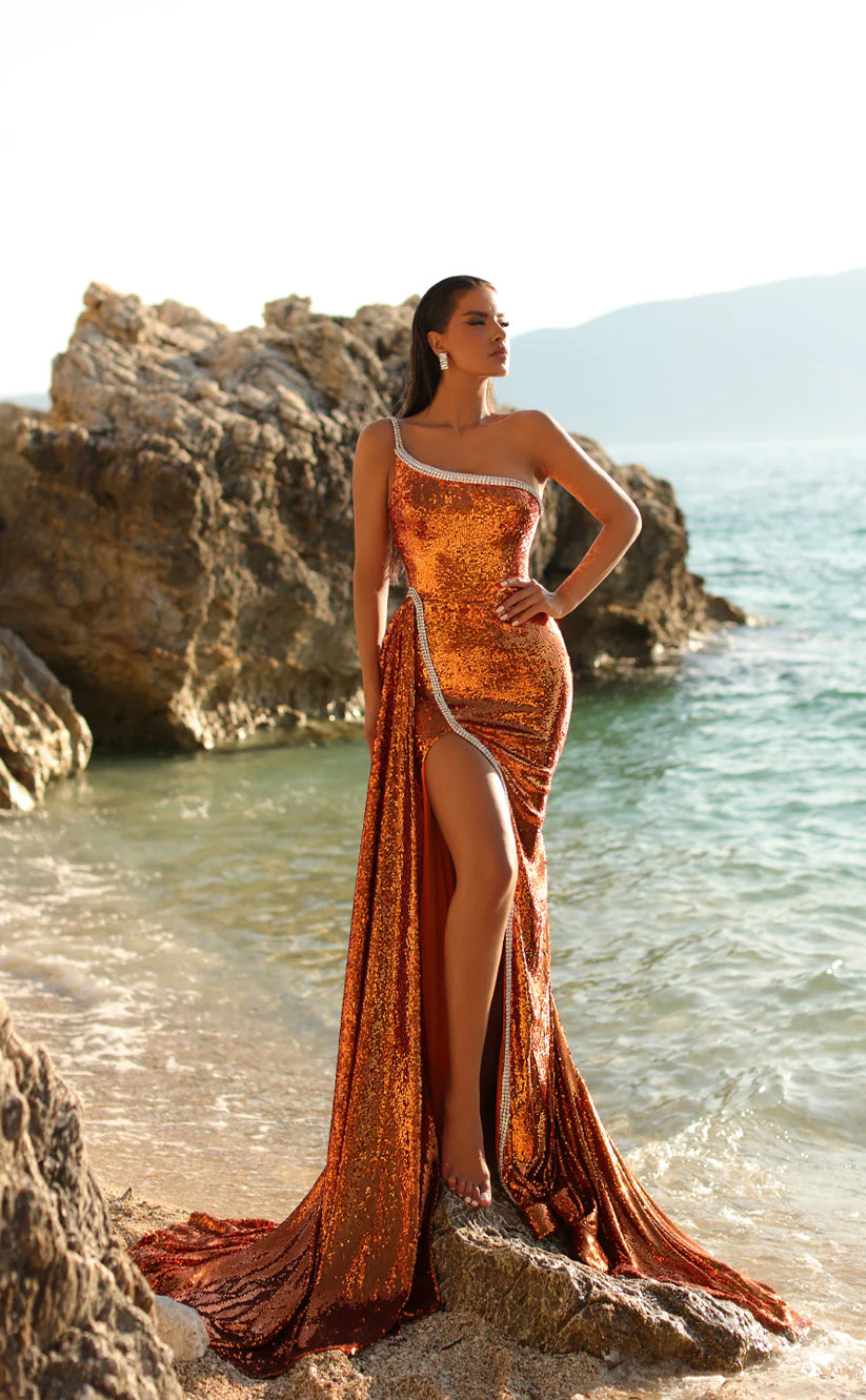 RP1638-Hot Orange Mermaid One Shoulder Crystals Sleeveless Sequins Prom Evening Dresses Formal Party Gowns With Slit