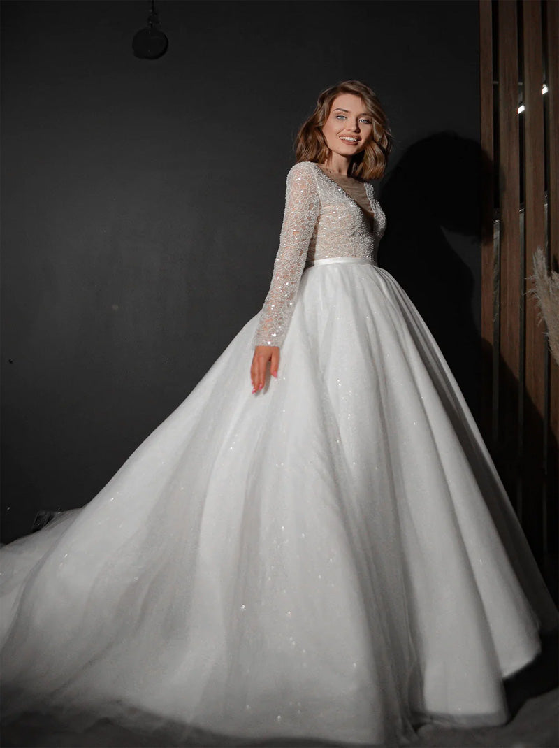 Sparkling Ball Gown Wedding Dresses V-Neck Beads Sequins Long Sleeves Tulle Sweep Train Bridal Gowns