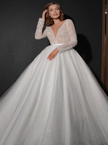 Sparkling Ball Gown Wedding Dresses V-Neck Beads Sequins Long Sleeves Tulle Sweep Train Bridal Gowns