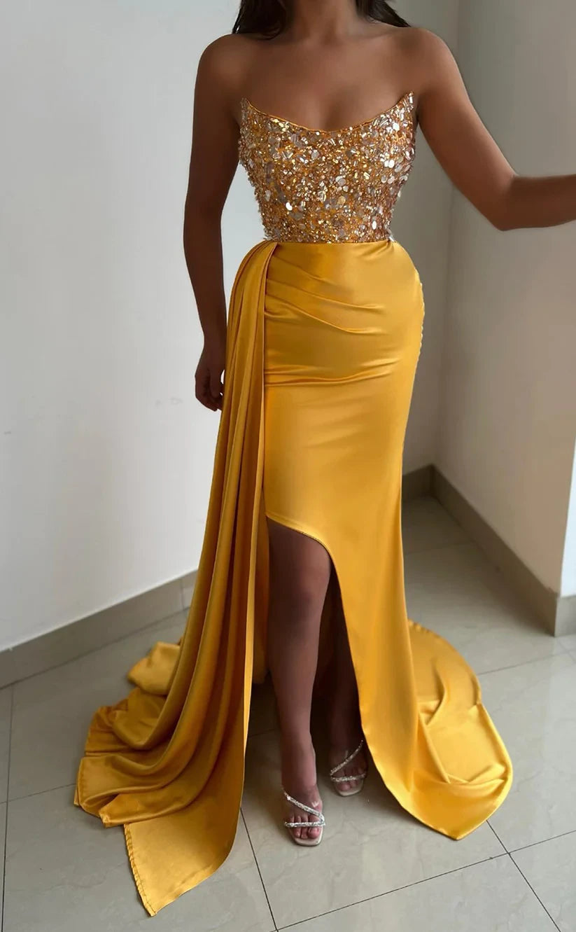 RP455-Gorgeous Orange Mermaid Sweetheart Beads Crystals Sleeveless Long Prom Evening Dresses Formal Party Gowns With Side Slit
