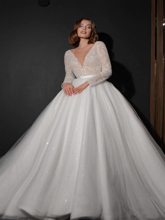 Sparkling Ball Gown Wedding Dresses V-Neck Beads Sequins Long Sleeves Tulle Sweep Train Bridal Gowns