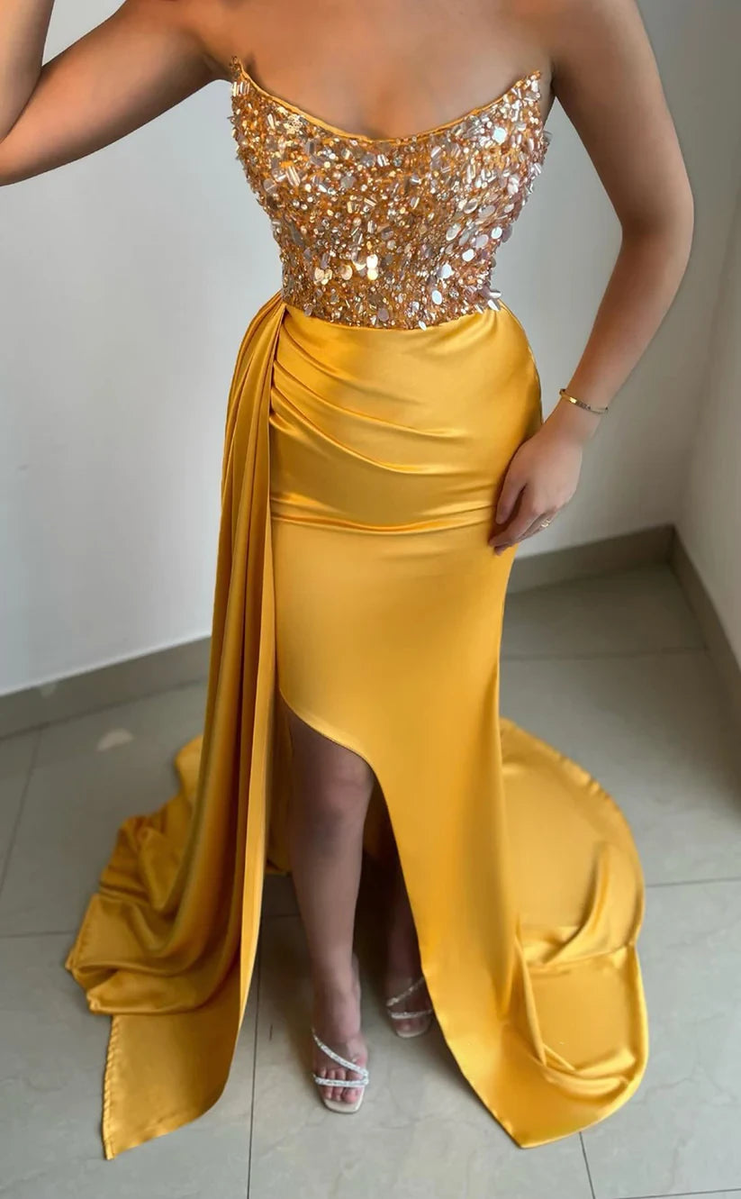 RP455-Gorgeous Orange Mermaid Sweetheart Beads Crystals Sleeveless Long Prom Evening Dresses Formal Party Gowns With Side Slit