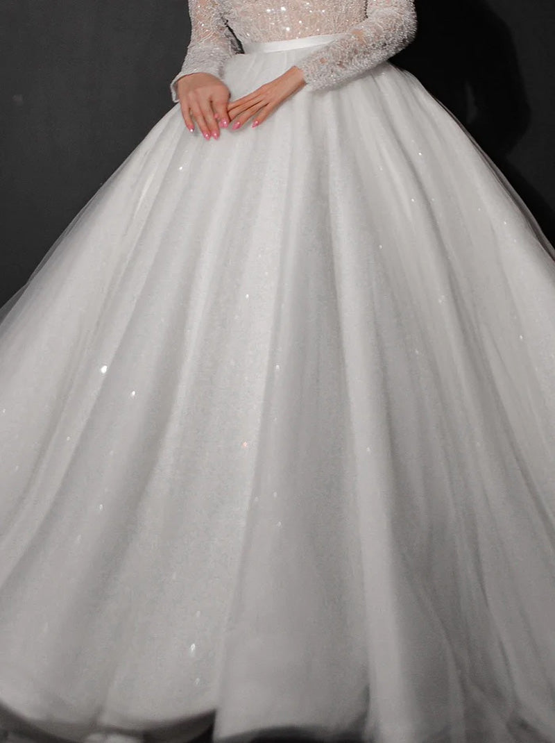 Sparkling Ball Gown Wedding Dresses V-Neck Beads Sequins Long Sleeves Tulle Sweep Train Bridal Gowns