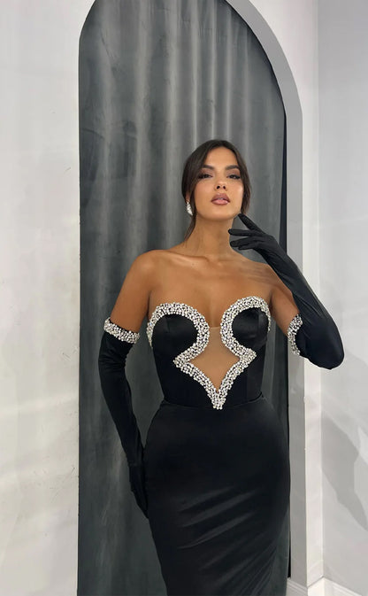 RP1641-Elegant Black Mermaid Sweetheart Crystals Long Sleeves Satin Prom Evening Dresses Formal Party Gowns With Cut-out