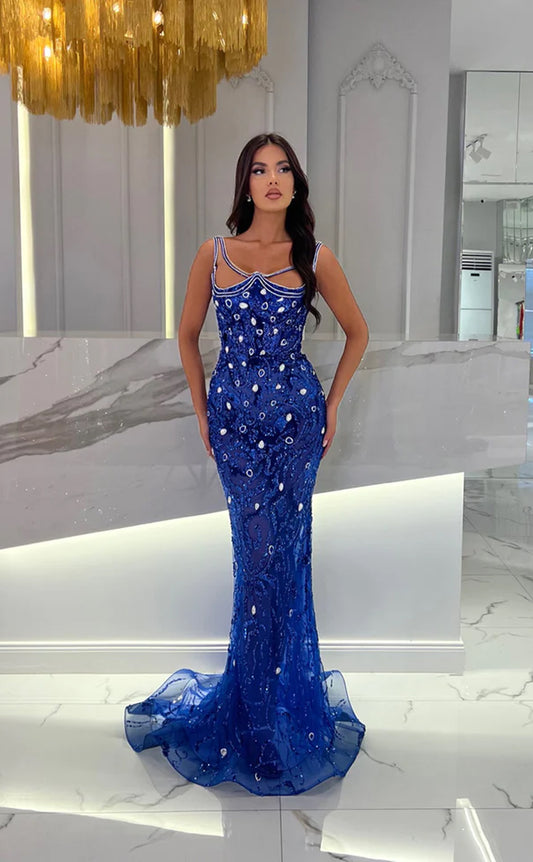 RP1645-Fashion Royal Blue Mermaid Spaghetti Sequins Crystals Sleeveless Tulle Prom Evening Dresses Formal Party Gowns With Train