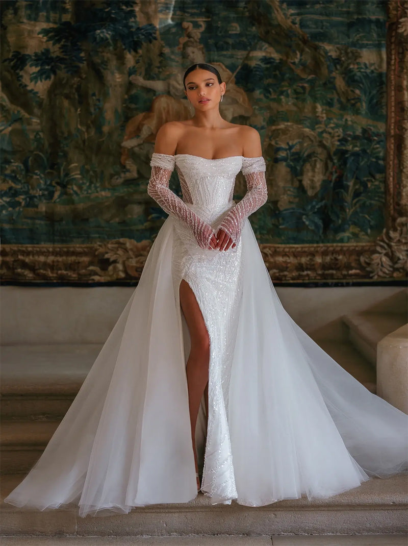 Sparkling & Classic Mermaid Wedding Dresses Sweetheart Beads Long Sleeves Tulle Sweep Train Bridal Gowns Custom With Slit