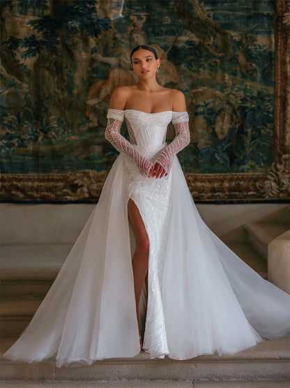 Sparkling & Classic Mermaid Wedding Dresses Sweetheart Beads Long Sleeves Tulle Sweep Train Bridal Gowns Custom With Slit