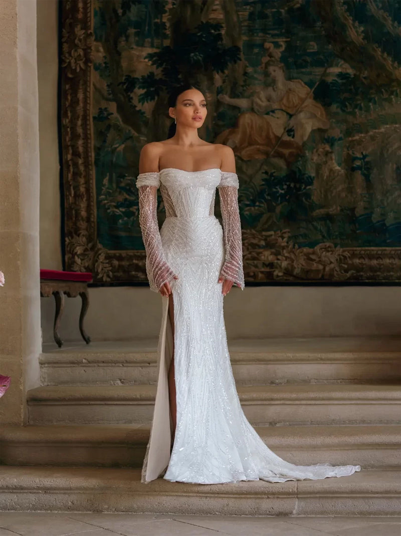 Sparkling & Classic Mermaid Wedding Dresses Sweetheart Beads Long Sleeves Tulle Sweep Train Bridal Gowns Custom With Slit