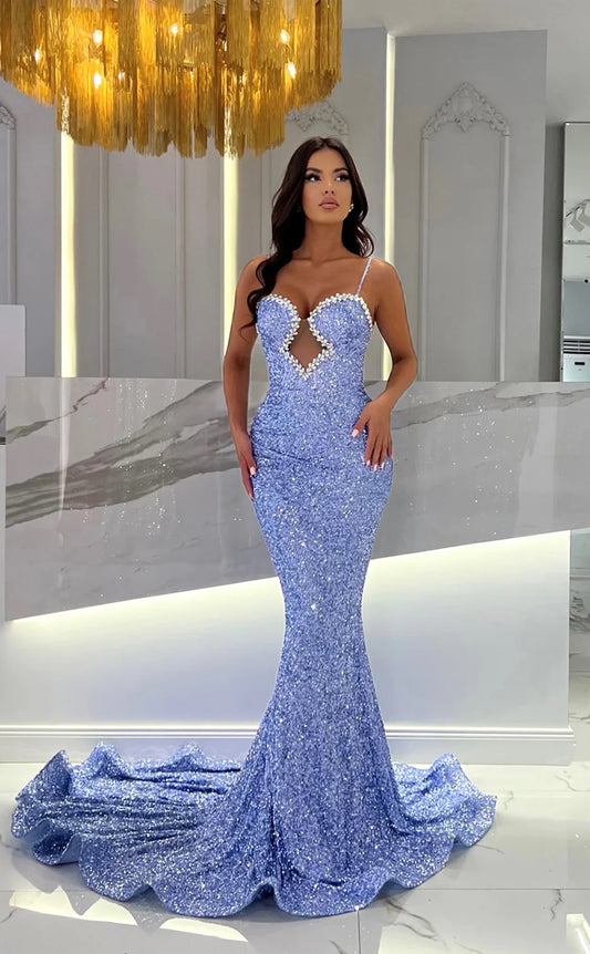 RP1646-Luxurious Sky Blue Mermaid Spaghetti Sequins Crystals Sleeveless Sequins Prom Evening Dresses Formal Party Gowns With Train