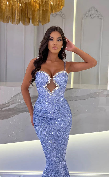 RP1646-Luxurious Sky Blue Mermaid Spaghetti Sequins Crystals Sleeveless Sequins Prom Evening Dresses Formal Party Gowns With Train