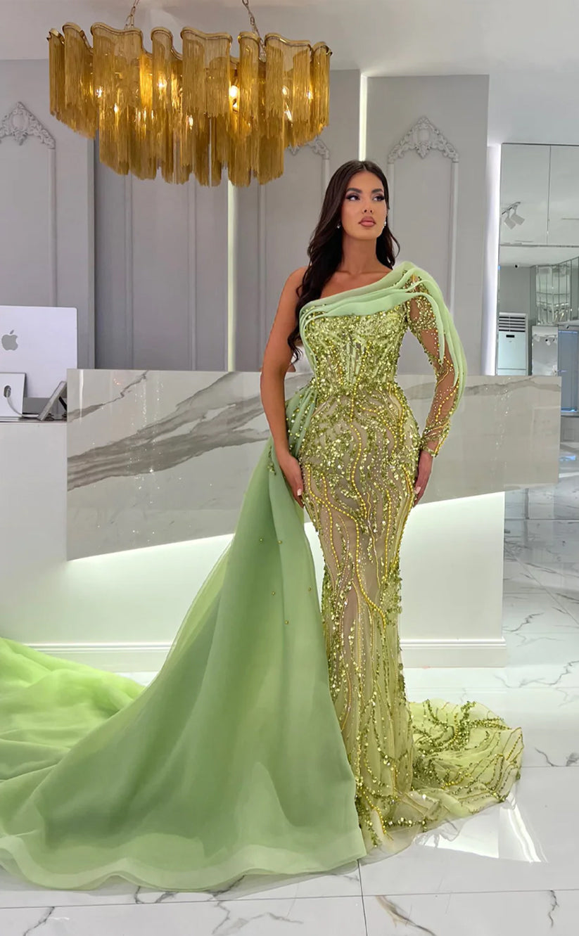 RP1647-Fashion Green Mermaid One Shoulder Sequins Crystals One Long Sleeve Tulle Prom Evening Dresses Formal Party Gowns With Train