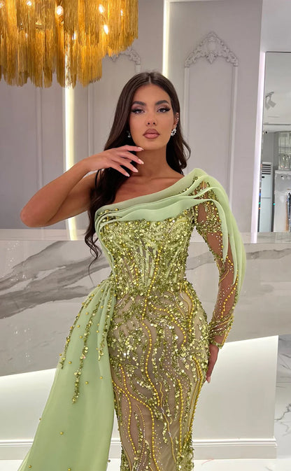 RP1647-Fashion Green Mermaid One Shoulder Sequins Crystals One Long Sleeve Tulle Prom Evening Dresses Formal Party Gowns With Train