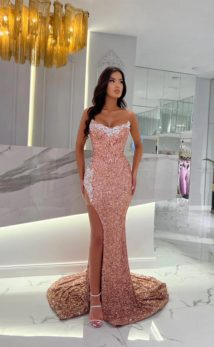 RP1649-Hot Pink Mermaid Strapless Crystals Sequins Sleeveless Prom Evening Dresses Formal Party Gowns With Slit