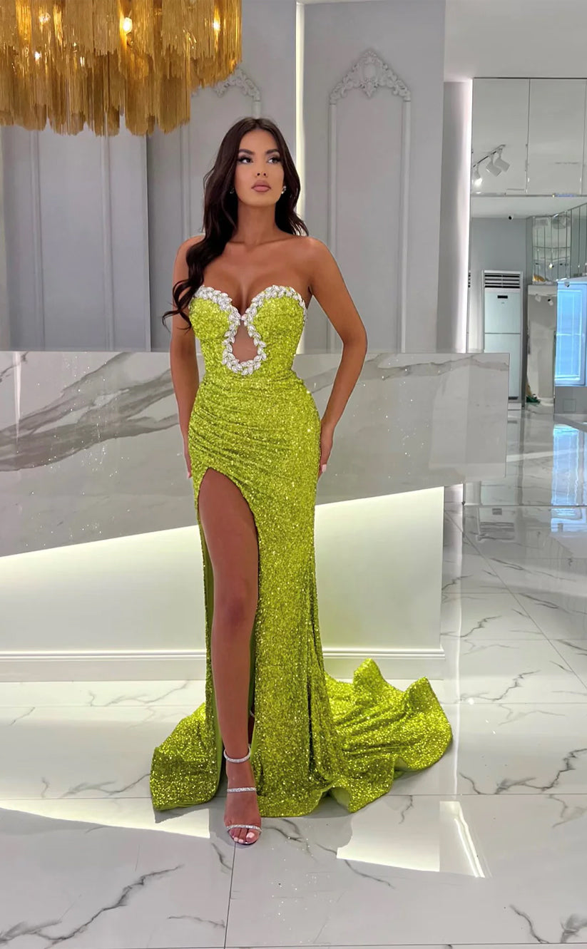 RP1651-Hot Green Mermaid Sweetheart Crystals Sequins Sleeveless Prom Evening Dresses Formal Party Gowns With Slit