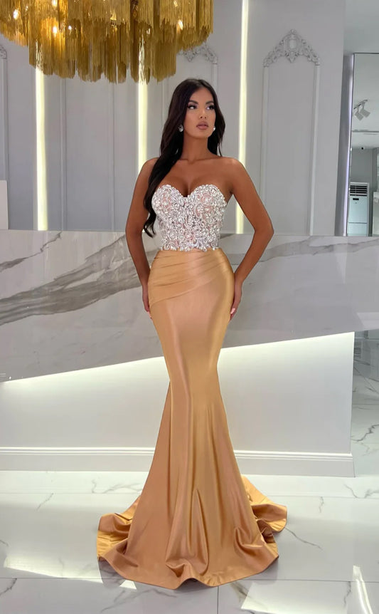 RP1652-Gorgeous Champagne Mermaid Sweetheart Crystals Sleeveless Satin Prom Evening Dresses Formal Party Gowns With Train