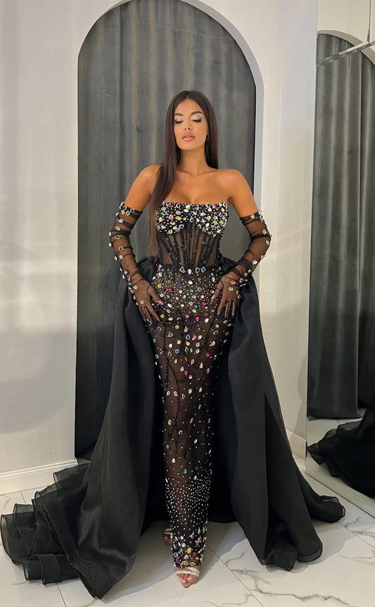 RP1655-Luxury Black Mermaid Strapless Crystals Beaded Long Sleeves Prom Evening Dresses Formal Party Gowns With Detachable Train