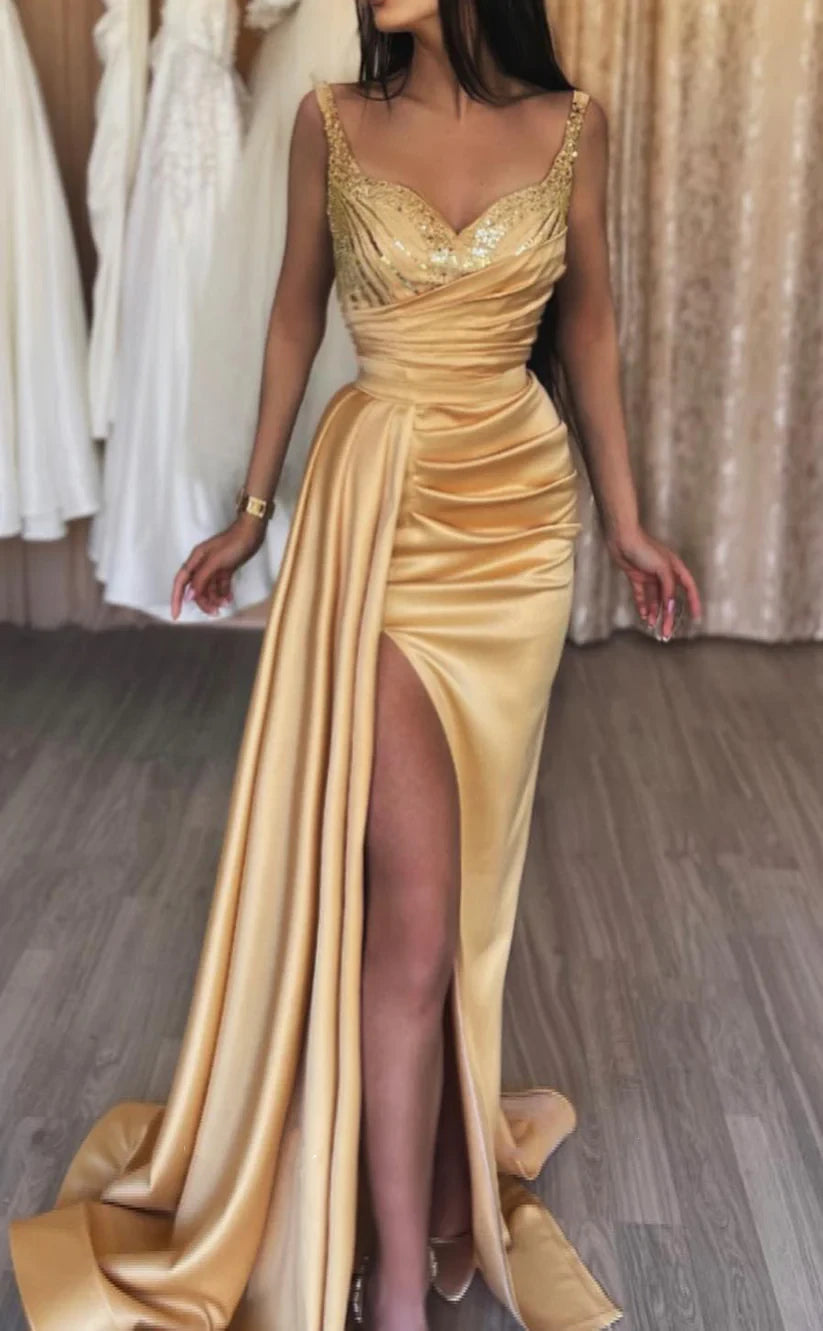 RP457-Classic Champagne Mermaid Spaghetti Beads Sequins Sleeveless Long Prom Evening Dresses Formal Party Gowns With Side Slit