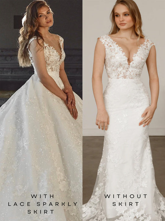 Two Pieces Ball Gown Mermaid Wedding Dresses V-Neck Cap Sleeves Covered Buttons Appliqued Beadd Lace Court Train Bridal Gowns With/Without Skirt