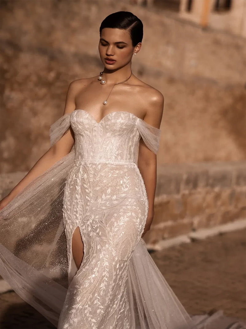 Sparkling & Classic Mermaid Wedding Dresses Sweetheart Appliqued Beads Tulle Sweep Train Bridal Gowns Custom With Slit