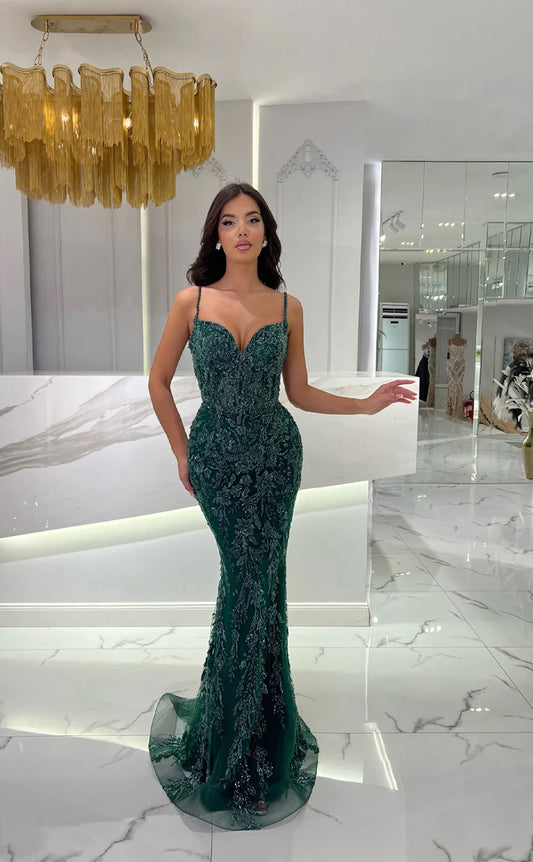 RP1653-Luxurious Green Mermaid Spaghetti Beaded Appliqued Sleeveless Tulle Prom Evening Dresses Formal Party Gowns With Train