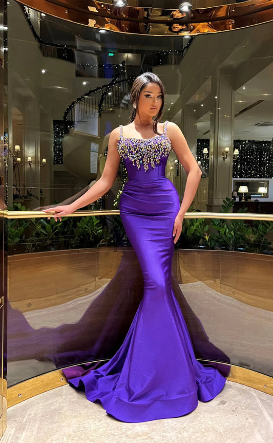 RP1661-Luxury Purple Mermaid Spaghetti Crystals Sleeveless Satin Prom Evening Dresses Formal Party Gowns With Train