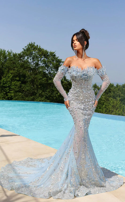 RP1663-Luxurious Sky Blue Mermaid Off-the-Shoulder Pearls Appliqued Long Sleeves Tulle Prom Evening Dresses Formal Party Gowns With Train