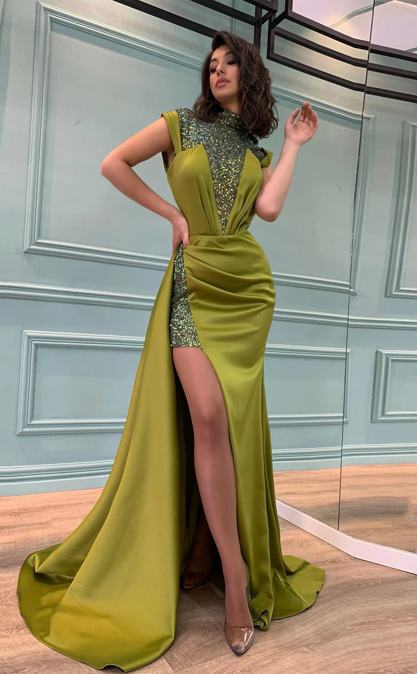 RP1670-Hot Green Mermaid High Neck Sequins Pleated Cap Sleeves Prom Evening Dresses Formal Party Gowns With Slit